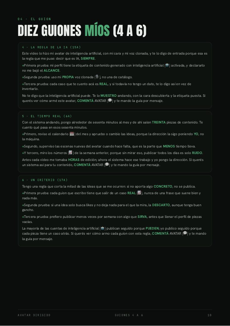 Página 10 del kit: tres de los diez guiones